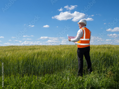 Foreman among tall grass. Man dressed as construction foreman. Construction manager inspects area. Foreman checks land before construction. Engineering career concept. Guy in protective helmet