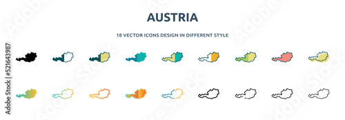 austria icon in 18 different styles such as thin line, thick line, two color, glyph, colorful, lineal color, detailed, stroke and gradient. set of austria vector for web, mobile, ui