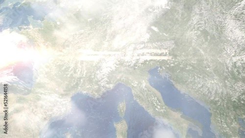 Earth zoom in from outer space to city. Zooming on Sesto San Giovanni, Milan, Italy. The animation continues by zoom out through clouds and atmosphere into space. Images from NASA