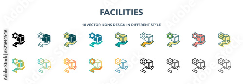 facilities icon in 18 different styles such as thin line, thick line, two color, glyph, colorful, lineal color, detailed, stroke and gradient. set of facilities vector for web, mobile, ui