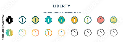 liberty icon in 18 different styles such as thin line, thick line, two color, glyph, colorful, lineal color, detailed, stroke and gradient. set of liberty vector for web, mobile, ui