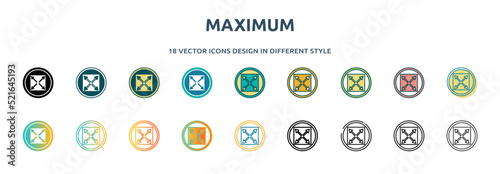 maximum icon in 18 different styles such as thin line, thick line, two color, glyph, colorful, lineal color, detailed, stroke and gradient. set of maximum vector for web, mobile, ui