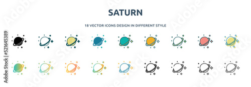 saturn icon in 18 different styles such as thin line, thick line, two color, glyph, colorful, lineal color, detailed, stroke and gradient. set of saturn vector for web, mobile, ui