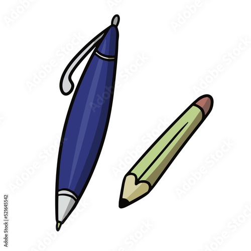 Blue writing pen and a small pencil, vector illustration in cartoon style