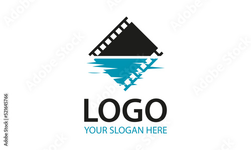 Blue and Black Film Strip Cinema on Water Logo Design