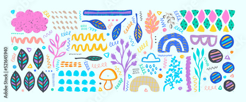 Hand drawn grunge doodles set. Big collection of abstract modern elements and shapes. Boho style plants, shapes and ornaments set.
