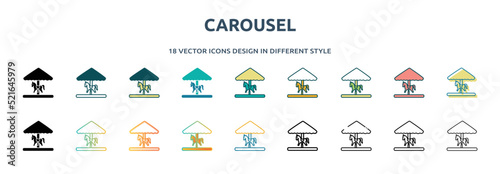 carousel icon in 18 different styles such as thin line, thick line, two color, glyph, colorful, lineal color, detailed, stroke and gradient. set of carousel vector for web, mobile, ui
