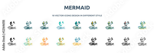 mermaid icon in 18 different styles such as thin line, thick line, two color, glyph, colorful, lineal color, detailed, stroke and gradient. set of mermaid vector for web, mobile, ui