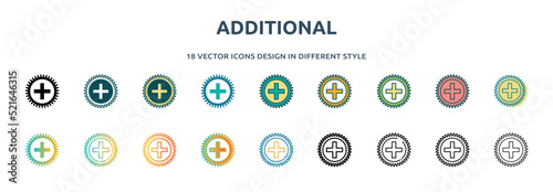 additional icon in 18 different styles such as thin line, thick line, two color, glyph, colorful, lineal color, detailed, stroke and gradient. set of additional vector for web, mobile, ui