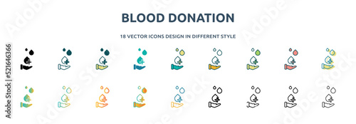 blood donation icon in 18 different styles such as thin line, thick line, two color, glyph, colorful, lineal color, detailed, stroke and gradient. set of blood donation vector for web, mobile, ui
