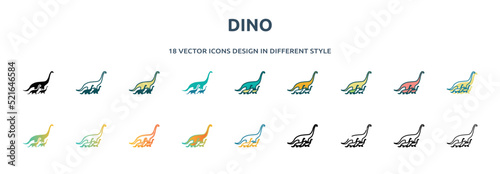 dino icon in 18 different styles such as thin line, thick line, two color, glyph, colorful, lineal color, detailed, stroke and gradient. set of dino vector for web, mobile, ui