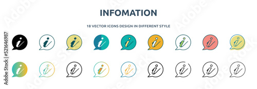 infomation icon in 18 different styles such as thin line, thick line, two color, glyph, colorful, lineal color, detailed, stroke and gradient. set of infomation vector for web, mobile, ui