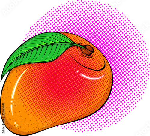 Whole mango illustration. Tropical fruit close up. Vector bright colored halftone print in Pop Art style. Retro cartoon comic style. Design for stickers, poster. Eco food