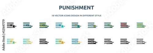 punishment icon in 18 different styles such as thin line, thick line, two color, glyph, colorful, lineal color, detailed, stroke and gradient. set of punishment vector for web, mobile, ui