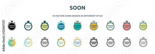 soon icon in 18 different styles such as thin line, thick line, two color, glyph, colorful, lineal color, detailed, stroke and gradient. set of soon vector for web, mobile, ui
