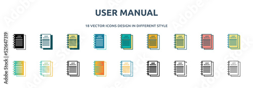 user manual icon in 18 different styles such as thin line, thick line, two color, glyph, colorful, lineal color, detailed, stroke and gradient. set of user manual vector for web, mobile, ui