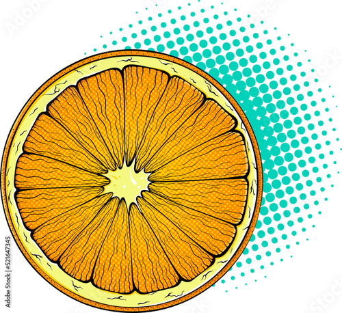 Sliced orange circle illustration. Tropical fruit close up. Vector bright colored halftone print in Pop Art style. Retro cartoon comic style. Design for stickers, poster. Eco food