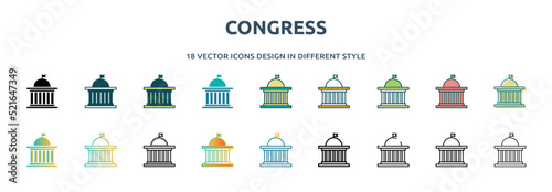 congress icon in 18 different styles such as thin line, thick line, two color, glyph, colorful, lineal color, detailed, stroke and gradient. set of congress vector for web, mobile, ui