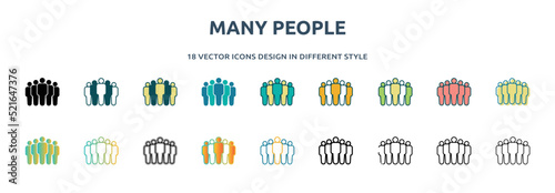 many people icon in 18 different styles such as thin line, thick line, two color, glyph, colorful, lineal color, detailed, stroke and gradient. set of many people vector for web, mobile, ui