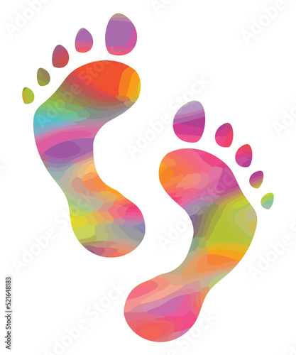Vector illustration of two footprints in bright colors isolated on white. Rainbow colored feet. Carbon footprint concept