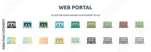 web portal icon in 18 different styles such as thin line, thick line, two color, glyph, colorful, lineal color, detailed, stroke and gradient. set of web portal vector for web, mobile, ui