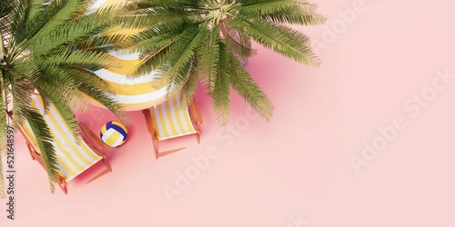 Palm trees, sun loungers and a beach umbrella on a pink background. View from above. 3d rendering