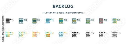 backlog icon in 18 different styles such as thin line, thick line, two color, glyph, colorful, lineal color, detailed, stroke and gradient. set of backlog vector for web, mobile, ui