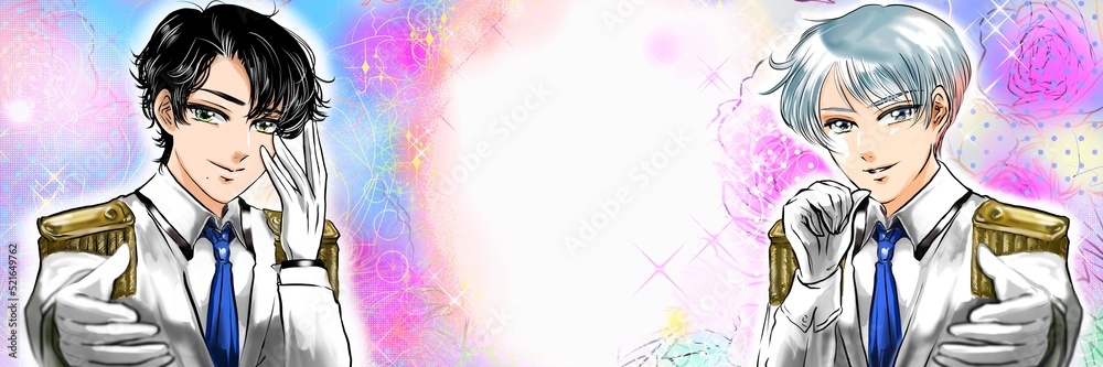 王子様風イケメンアイドル達がファンに手を差し伸べるアニメ風カラーイラストと花園背景 王子様風イケメンアイドル達がファンに手を差し伸べるアニメ風カラーイラストと花園背景