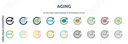 aging icon in 18 different styles such as thin line, thick line, two color, glyph, colorful, lineal color, detailed, stroke and gradient. set of aging vector for web, mobile, ui
