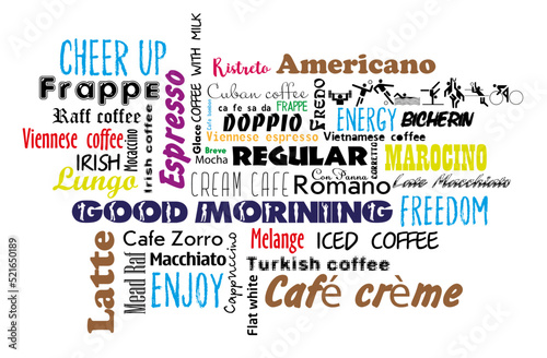 Types of coffee vector illustrations in the text. Cafe menu. Flat style.