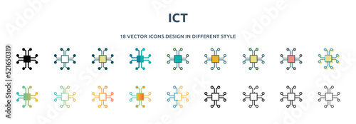 ict icon in 18 different styles such as thin line, thick line, two color, glyph, colorful, lineal color, detailed, stroke and gradient. set of ict vector for web, mobile, ui