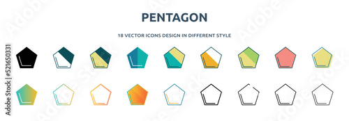 pentagon icon in 18 different styles such as thin line, thick line, two color, glyph, colorful, lineal color, detailed, stroke and gradient. set of pentagon vector for web, mobile, ui