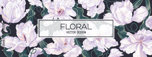 Spring floral vector background, banner, poster with flowers of white tulips, petals and leaves. Realistic style, hand-drawn, vector. Can be used as cover for social network advertising banner