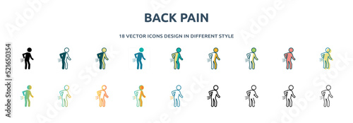 back pain icon in 18 different styles such as thin line, thick line, two color, glyph, colorful, lineal color, detailed, stroke and gradient. set of back pain vector for web, mobile, ui