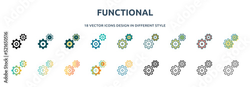 functional icon in 18 different styles such as thin line, thick line, two color, glyph, colorful, lineal color, detailed, stroke and gradient. set of functional vector for web, mobile, ui