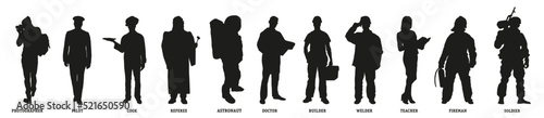 Silhouettes of various professions in black. Vector flat image.