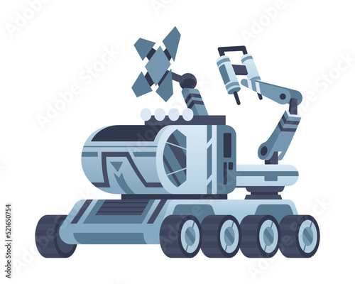 Mars explorer. Discovery transport and scientific rover. Space research station. Space roboric rover. Astronautics and space exploration technologies. Technology for space industry exploration
