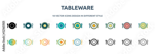 tableware icon in 18 different styles such as thin line, thick line, two color, glyph, colorful, lineal color, detailed, stroke and gradient. set of tableware vector for web, mobile, ui
