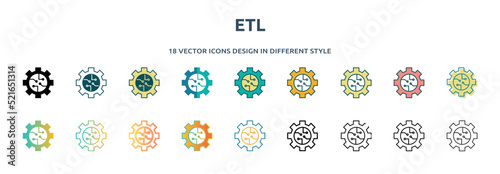 etl icon in 18 different styles such as thin line, thick line, two color, glyph, colorful, lineal color, detailed, stroke and gradient. set of etl vector for web, mobile, ui