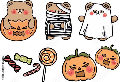 set cartoon character bear halloween theme, vector illustration