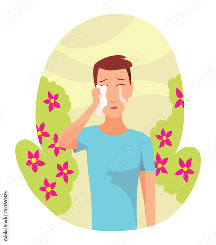 Allergic reactions concept. Symptoms of disease. Man with hypersensitivity and reaction of immune system. Male neezes or blows nose in handkerchief