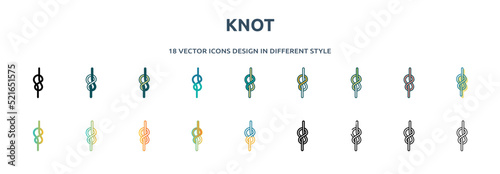 knot icon in 18 different styles such as thin line, thick line, two color, glyph, colorful, lineal color, detailed, stroke and gradient. set of knot vector for web, mobile, ui