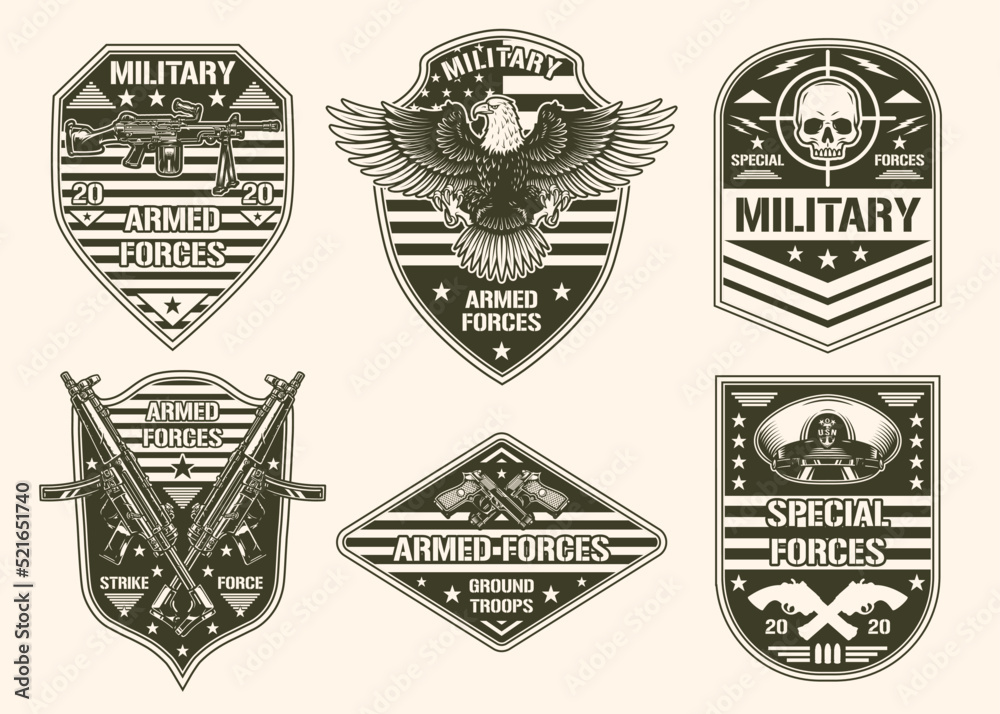 Fototapeta premium Military forces set monochrome emblem vintage