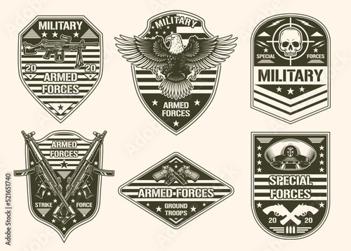 Military forces set monochrome emblem vintage