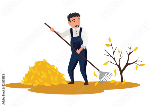 Professional gardener working on backyard acollects fallen leaves with rake. Male handyman making autumn cleaning in garden. Colored flat cartoon vector illustration of worker