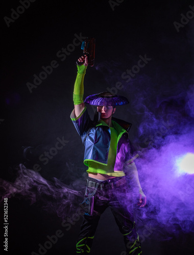 Futuristic character in a bright stylized outfit, photo with neon colors. A fantastic character, a cyber mercenary,