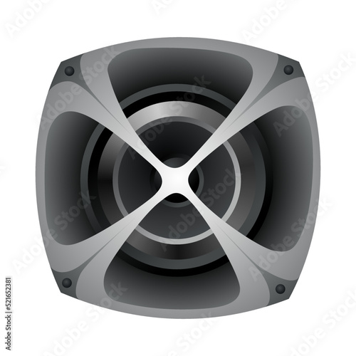 Acoustic speaker. Modern electronic equipment, volume music listening isolated. Metallic power bass system loudspeaker device. Audio subwoofer icon for concert, party or home cinema