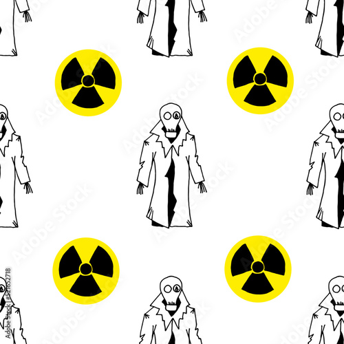 Halloween seamless scary man in a torn raincoat and a gas mask with a broken glass with hazard sign. Stop nuclear weapons concept.