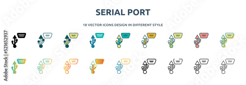 serial port icon in 18 different styles such as thin line, thick line, two color, glyph, colorful, lineal color, detailed, stroke and gradient. set of serial port vector for web, mobile, ui photo