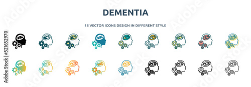 dementia icon in 18 different styles such as thin line, thick line, two color, glyph, colorful, lineal color, detailed, stroke and gradient. set of dementia vector for web, mobile, ui